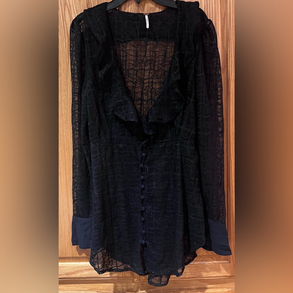 Free People Sheer Black Lace Ruffle V-Neck Button Tunic Mini Dress Size Small